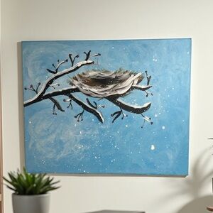 Blue Canvas Art with Bird's Nest